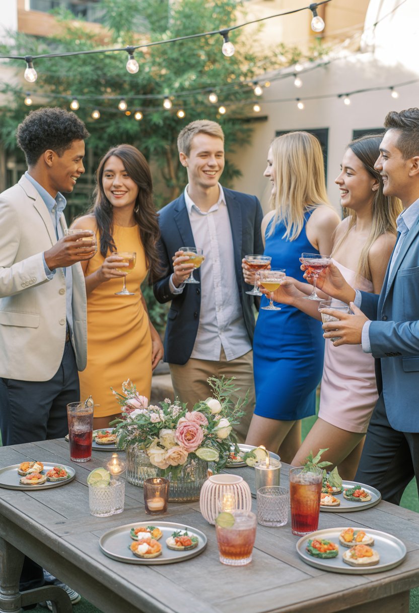 A group of young adults enjoying drinks and appetizers together at a decorated outdoor patio during an engagement party.